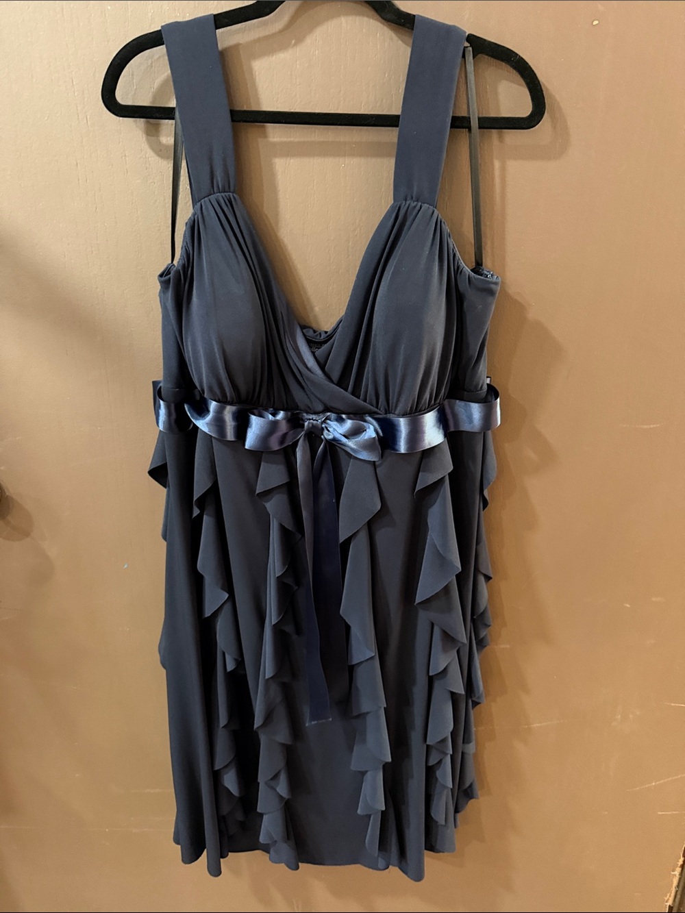 Dress Barn Navy Blue Ruffle-Front Cocktail Dress with Satin Waist Tie
